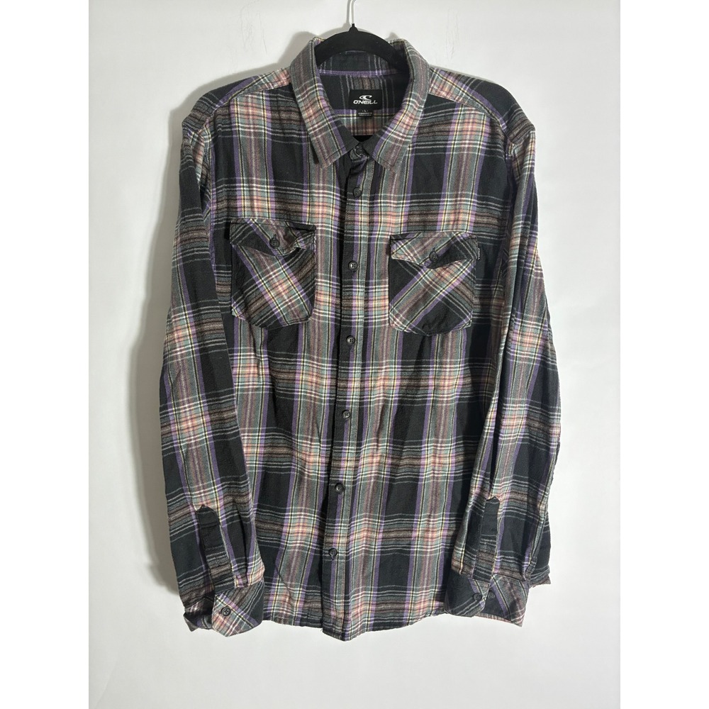 O'Neill Mens Large Black Purple Plaid Flannel Long Sleeve Button Up Shirt L